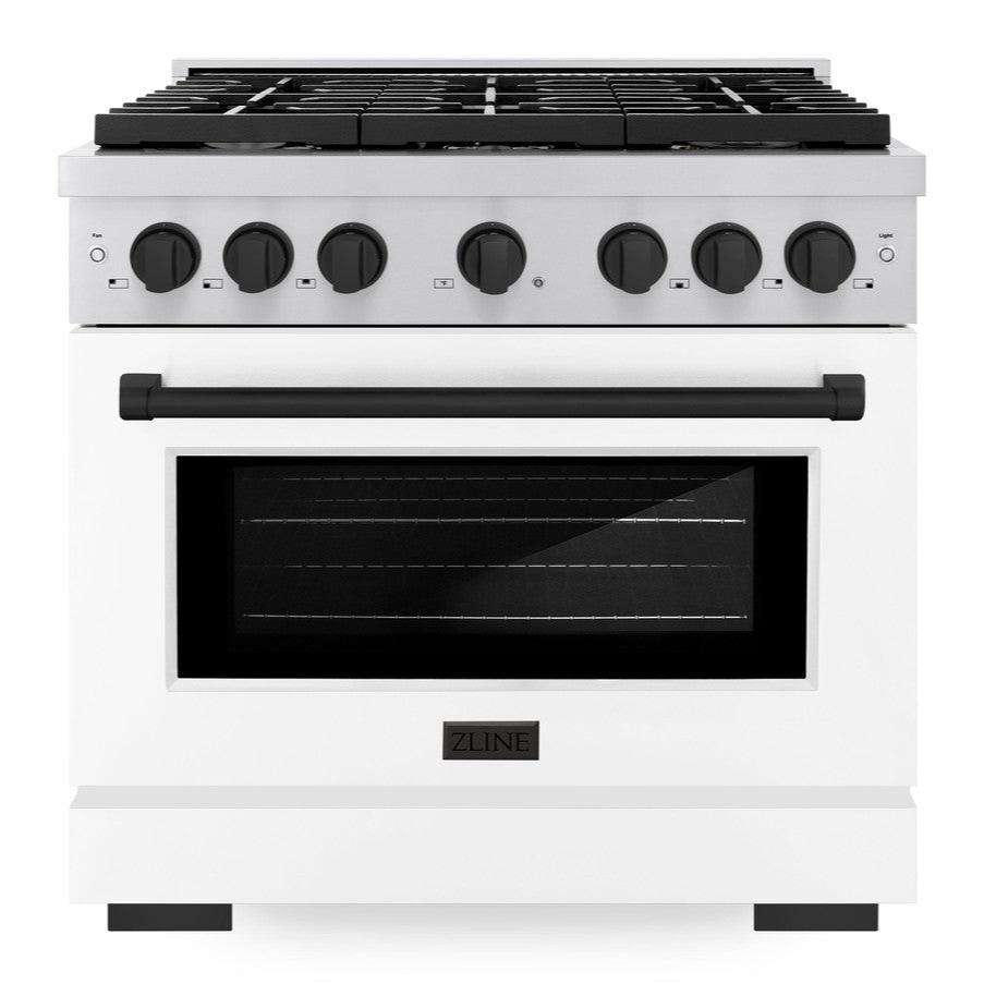 ZLINE Autograph Edition 36 in. 5.2 cu. ft. Paramount Dual Fuel Range with 6 Burner Gas Cooktop, Electric Convection Oven, White Matte Door and Matte Black Accents (SDRZ-WM-36-MB)
