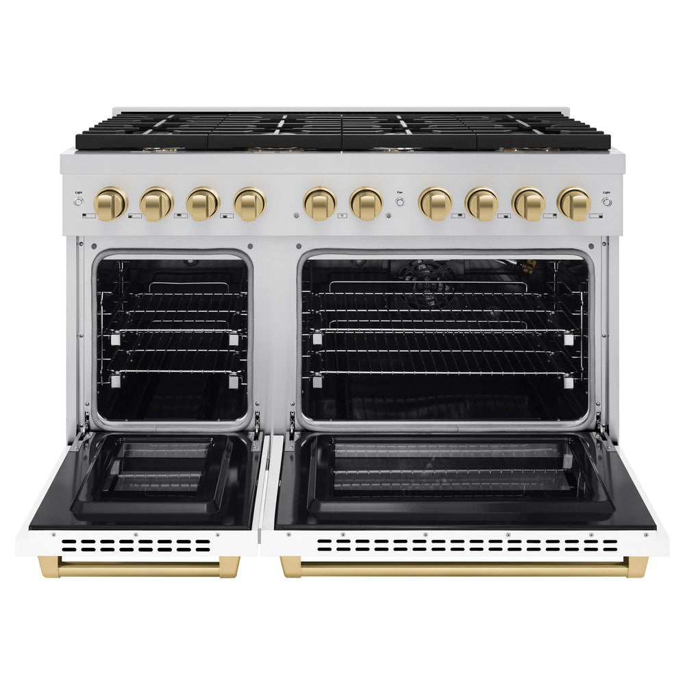 ZLINE Autograph Edition 48 in. Paramount Double Oven Dual Fuel Range with 8 Gas Burners, White Matte Doors and Champagne Bronze Accents (SDRZ-WM-48-CB)