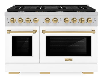 ZLINE Autograph Edition 48 in. Paramount Double Oven Dual Fuel Range with 8 Gas Burners, White Matte Doors and Champagne Bronze Accents (SDRZ-WM-48-CB)