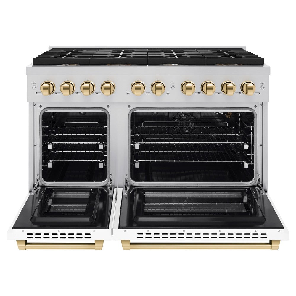 ZLINE Autograph Edition 48 in. Paramount Double Oven Dual Fuel Range with 8 Gas Burners, 6.7 cu. ft., White Matte Doors and Polished Gold Accents (SDRZ-WM-48-G)