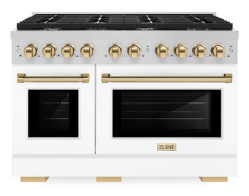 ZLINE Autograph Edition 48 in. Paramount Double Oven Dual Fuel Range with 8 Gas Burners, 6.7 cu. ft., White Matte Doors and Polished Gold Accents (SDRZ-WM-48-G)