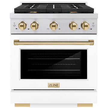 ZLINE Autograph 30 in. 4.2 cu. ft. Paramount Gas Range with Convection Gas Oven, Stainless Steel with White Matte Door and Gold Accents (SGRZ-WM-30-G)