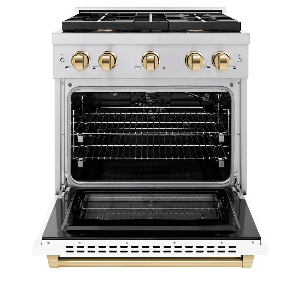 ZLINE Autograph 30 in. 4.2 cu. ft. Paramount Gas Range with 4 Burners and Convection Gas Oven in Stainless Steel with White Matte Door and Champagne Bronze Accents (SGRZ-WM-30-CB)