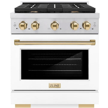 ZLINE Autograph 30 in. 4.2 cu. ft. Paramount Gas Range with 4 Burners and Convection Gas Oven in Stainless Steel with White Matte Door and Champagne Bronze Accents (SGRZ-WM-30-CB)