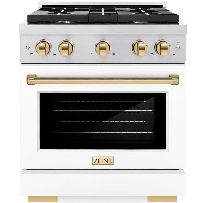 ZLINE Autograph 30 in. 4.2 cu. ft. Paramount Gas Range with 4 Burners and Convection Gas Oven in Stainless Steel with White Matte Door and Champagne Bronze Accents (SGRZ-WM-30-CB)
