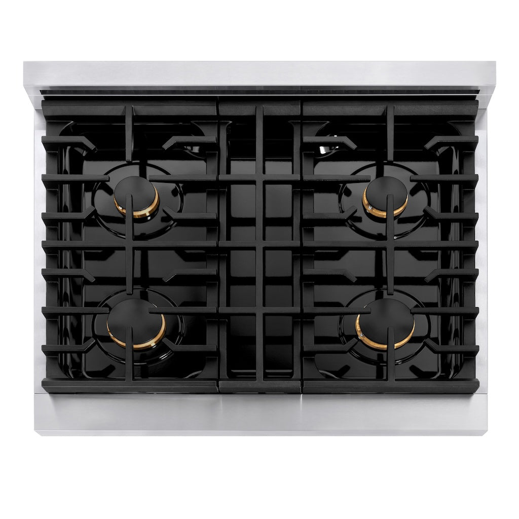 ZLINE Autograph 30 in. 4.2 cu. ft. Paramount Gas Range with 4 Burners and Convection Gas Oven in Stainless Steel with White Matte Door and Champagne Bronze Accents (SGRZ-WM-30-CB)