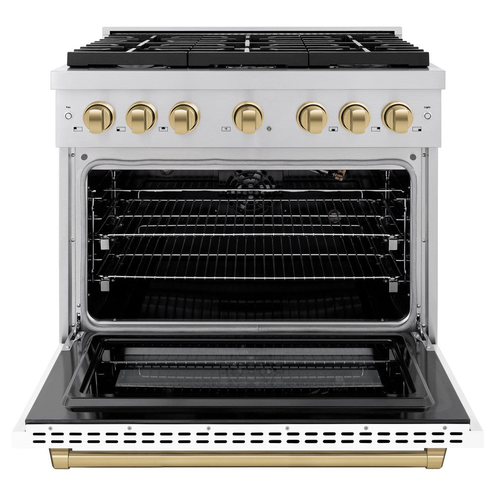 ZLINE Autograph Edition 36 in. 5.2 cu. ft. Paramount Dual Fuel Range with 6 Burner Gas Cooktop, Electric Convection Oven, White Matte Door and Champagne Bronze Accents (SDRZ-WM-36-CB)