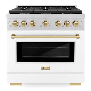 ZLINE Autograph Edition 36 in. 5.2 cu. ft. Paramount Dual Fuel Range with 6 Burner Gas Cooktop, Electric Convection Oven, White Matte Door and Champagne Bronze Accents (SDRZ-WM-36-CB)
