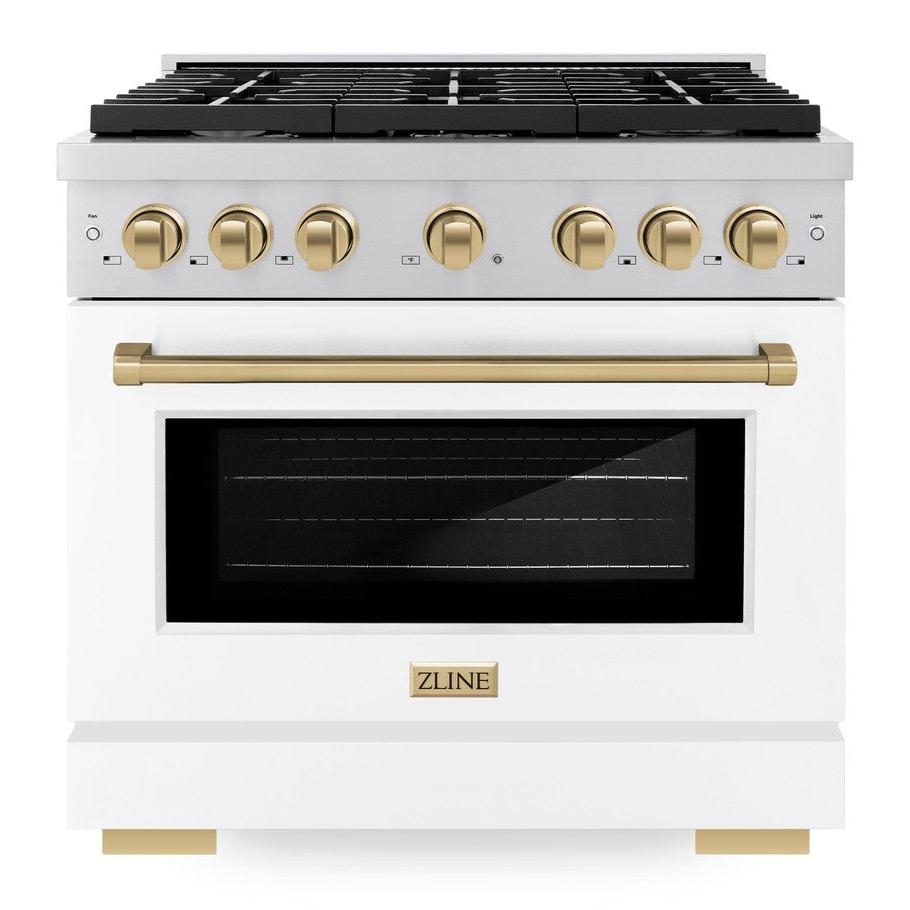 ZLINE Autograph Edition 36 in. 5.2 cu. ft. Paramount Dual Fuel Range with 6 Burner Gas Cooktop, Electric Convection Oven, White Matte Door and Champagne Bronze Accents (SDRZ-WM-36-CB)