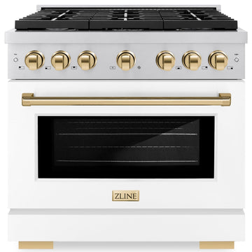 ZLINE Autograph Edition 36 in. 5.2 cu. ft. Paramount Gas Range with 6 Burners and Convection Gas Oven in Stainless Steel with White Matte Door and Gold Accents (SGRZ-WM-36-G)