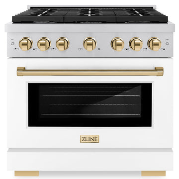 ZLINE Autograph 36 in. 5.2 cu. ft. Paramount Gas Range with 6 Burners and Convection Gas Oven in Stainless Steel with White Matte Door and Champagne Bronze Accents (SGRZ-WM-36-CB)