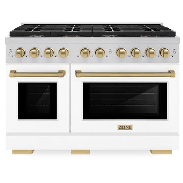 ZLINE Autograph 48 in. 6.7 cu. ft. Paramount Double Oven Gas Range with 8 Burners, Stainless Steel with White Matte Doors and Champagne Bronze Accents (SGRZ-WM-48-CB)