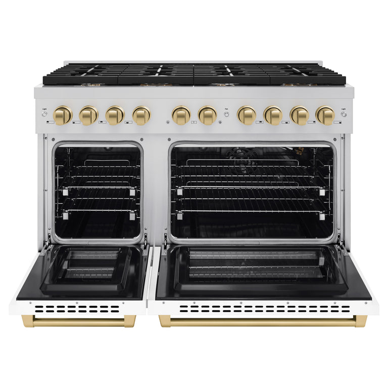 ZLINE Autograph Package - 48" Gas Range, Range Hood, and Dishwasher in White Matte and Satin Stainless Steel with Bronze Accents, 3AKPR-RASWMRHDWM48-CB, 3AKPR-RGSWMRHDWM48-CB