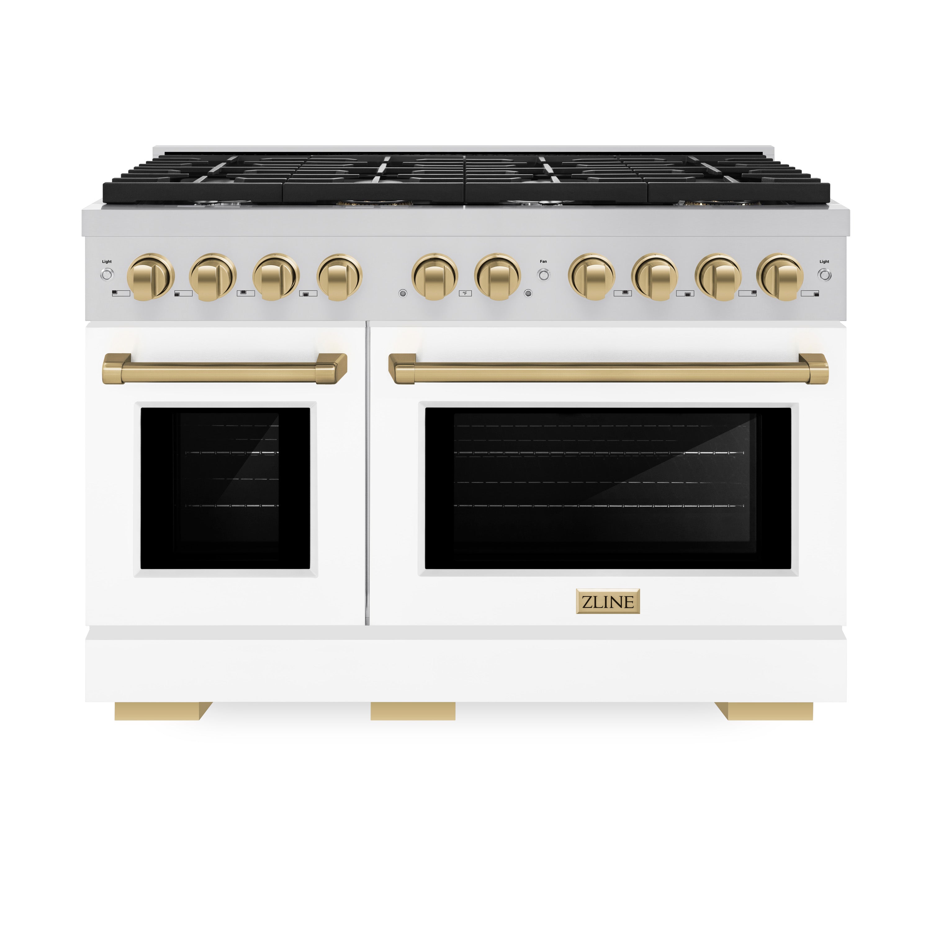 ZLINE Autograph 48 in. 6.7 cu. ft. Paramount Double Oven Gas Range with 8 Burners, Stainless Steel with White Matte Doors and Champagne Bronze Accents (SGRZ-WM-48-CB)