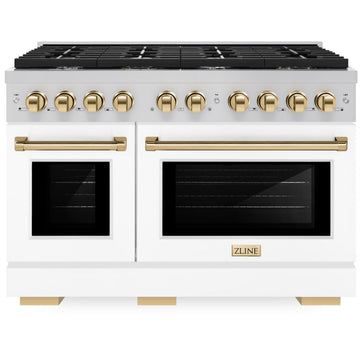 ZLINE Autograph Edition 48" Paramount Gas Range with Dual Ovens, 6.7 cu. ft., Stainless Steel with White Matte Doors & Gold Accents (SGRZ-WM-48-G)