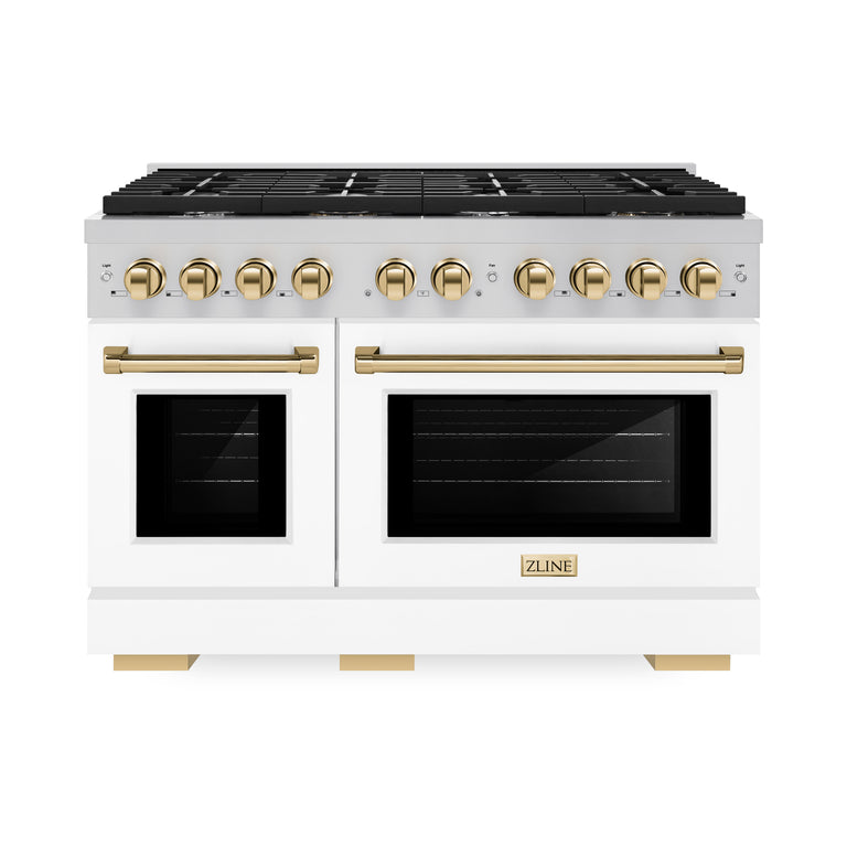 ZLINE Autograph Package - 48" Gas Range, Range Hood, and Dishwasher in White Matte and Satin Stainless Steel with Gold Accents, 3AKPR-RGSWMRHDWM48-G