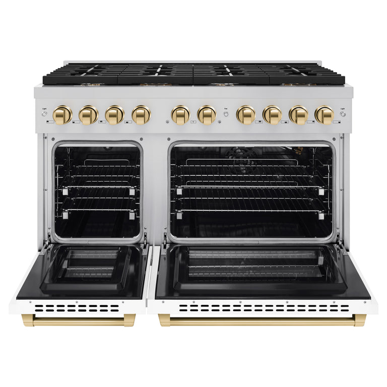 ZLINE Autograph Package - 48" Gas Range, Range Hood, and Dishwasher in White Matte and Satin Stainless Steel with Gold Accents, 3AKPR-RGSWMRHDWM48-G