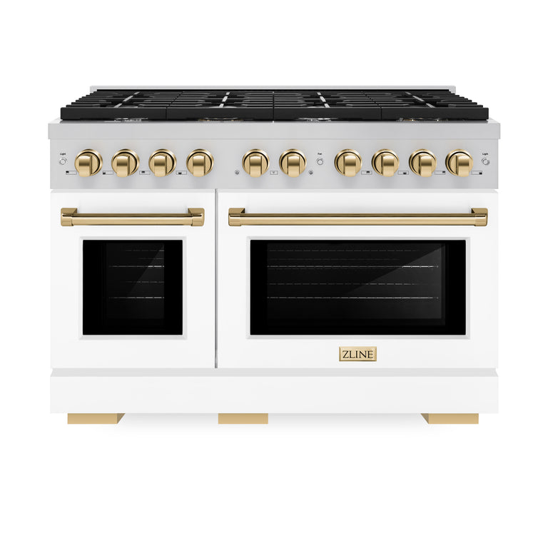 ZLINE Autograph Package - 48" Gas Range, Range Hood, and Dishwasher in White Matte and Satin Stainless Steel with Gold Accents, 3AKPR-RGSWMRHDWM48-G