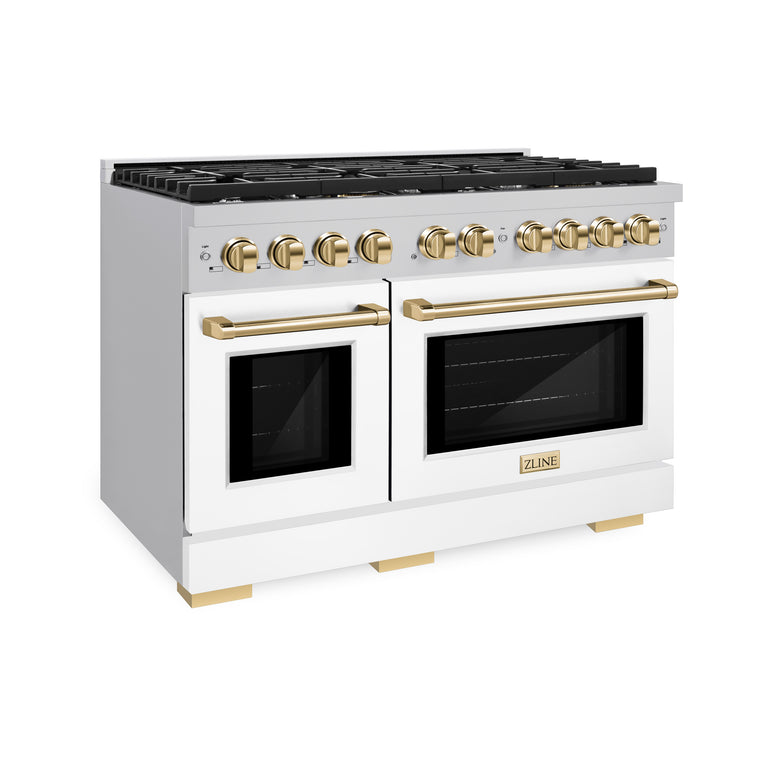 ZLINE Autograph Package - 48" Gas Range, Range Hood, and Dishwasher in White Matte and Satin Stainless Steel with Gold Accents, 3AKPR-RGSWMRHDWM48-G