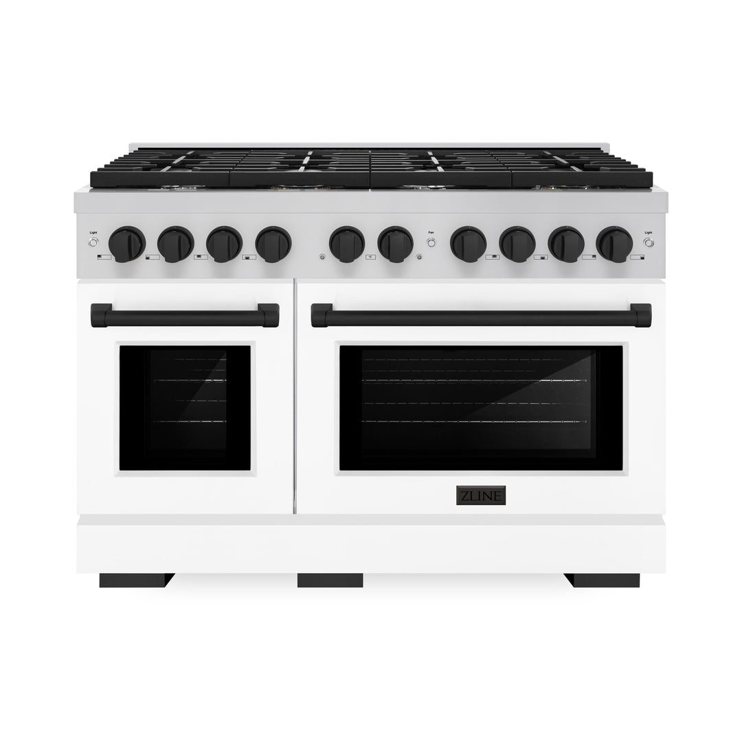 ZLINE Autograph 48" Double Oven Gas Range, 6.7 cu. ft., Stainless Steel with White Matte Doors and Matte Black Accents (SGRZ-WM-48-MB)