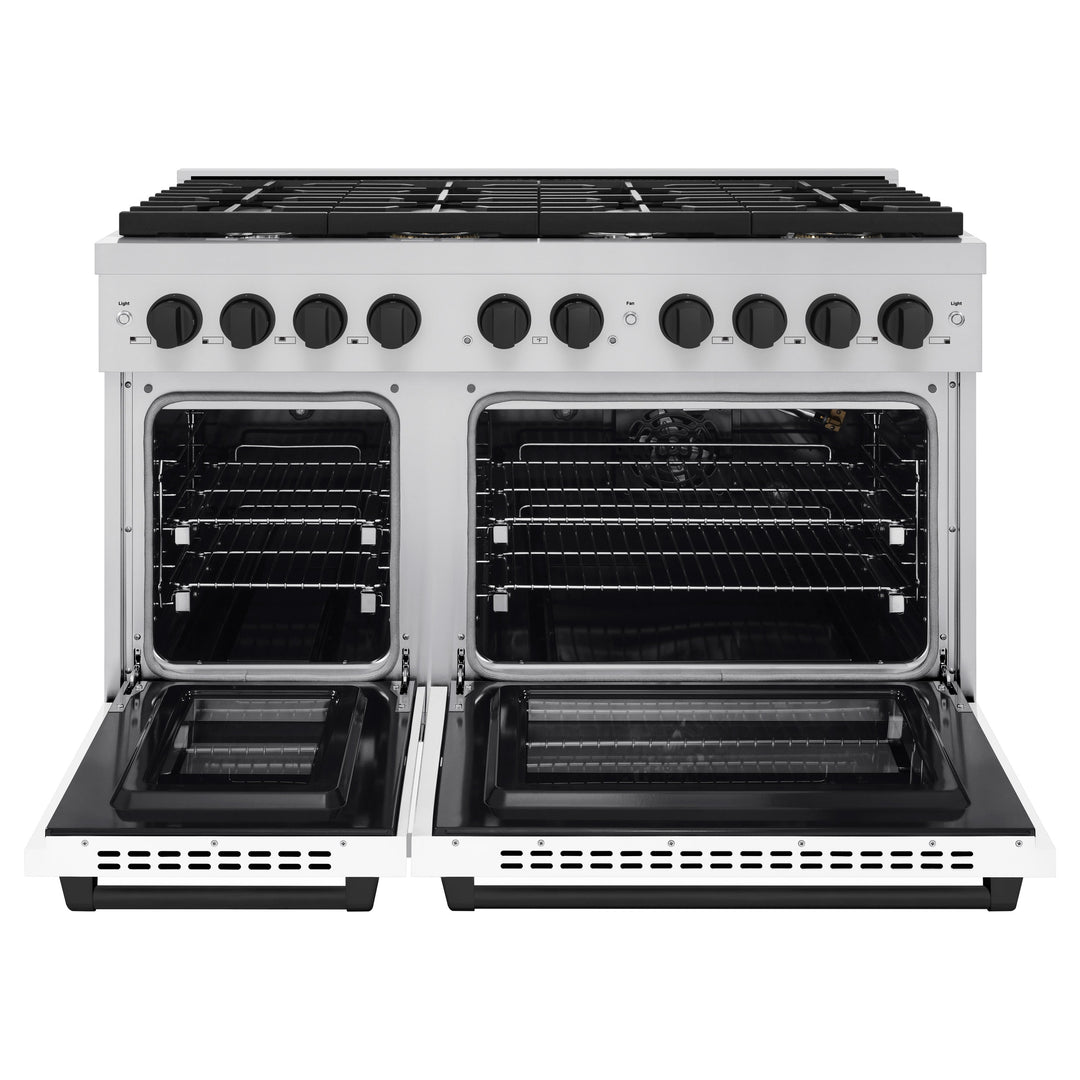 ZLINE Autograph 48" Double Oven Gas Range, 6.7 cu. ft., Stainless Steel with White Matte Doors and Matte Black Accents (SGRZ-WM-48-MB)