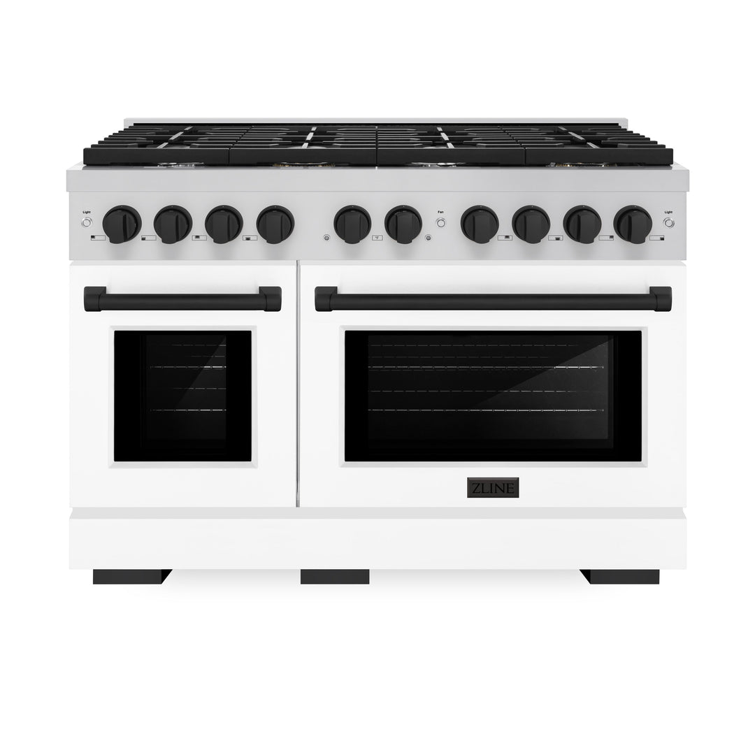 ZLINE Autograph 48" Double Oven Gas Range, 6.7 cu. ft., Stainless Steel with White Matte Doors and Matte Black Accents (SGRZ-WM-48-MB)