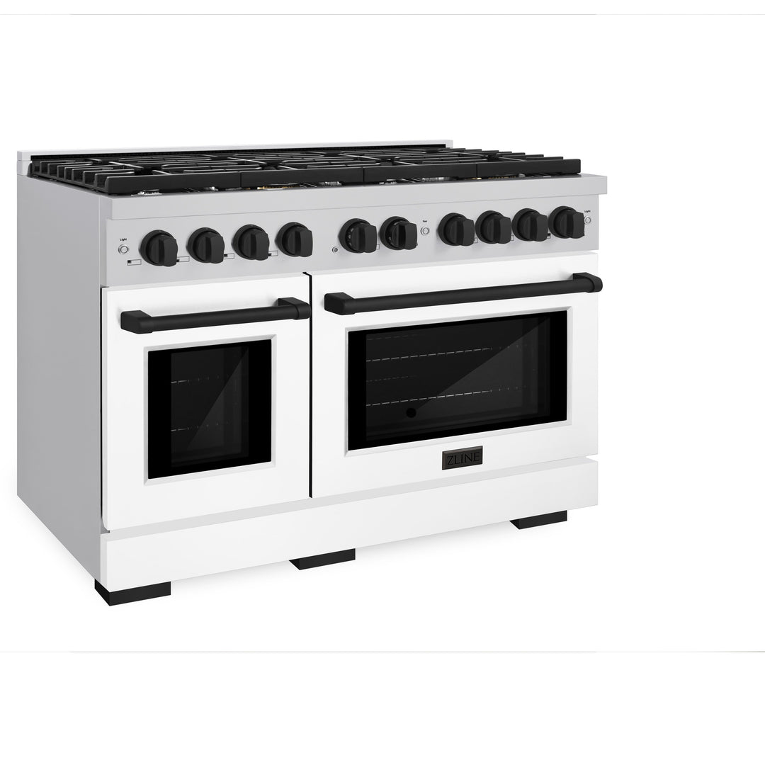 ZLINE Autograph 48" Double Oven Gas Range, 6.7 cu. ft., Stainless Steel with White Matte Doors and Matte Black Accents (SGRZ-WM-48-MB)