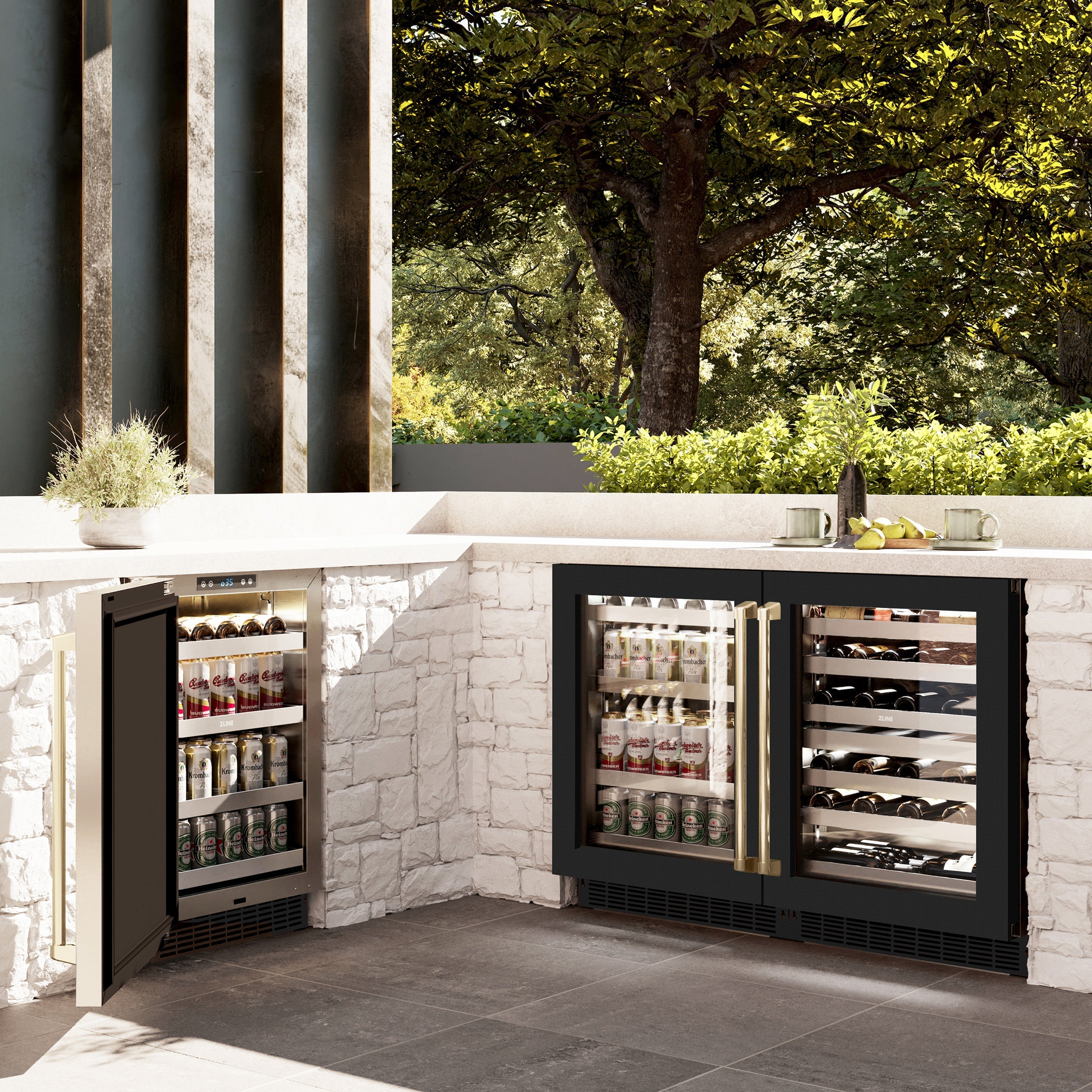 ZLINE Autograph 24" Touchstone Dual Zone 44 Bottle Wine Cooler with Black Matte Glass Door and Champagne Bronze Handle, RWDOZ-BLM-24-CB
