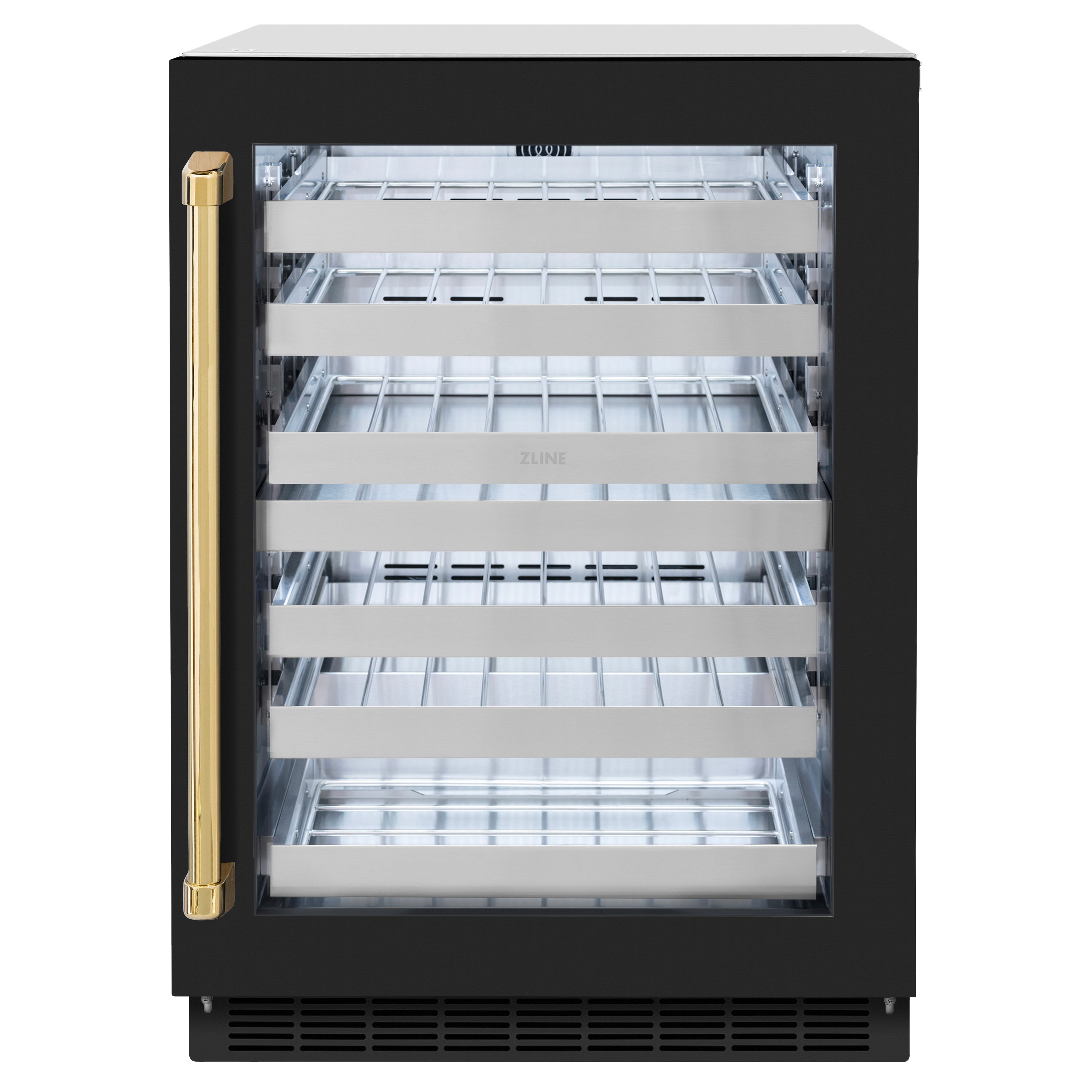 ZLINE Autograph 24" Touchstone Dual Zone 44 Bottle Wine Cooler with Black Matte Glass Door and Polished Gold Handle, RWDOZ-BLM-24-G