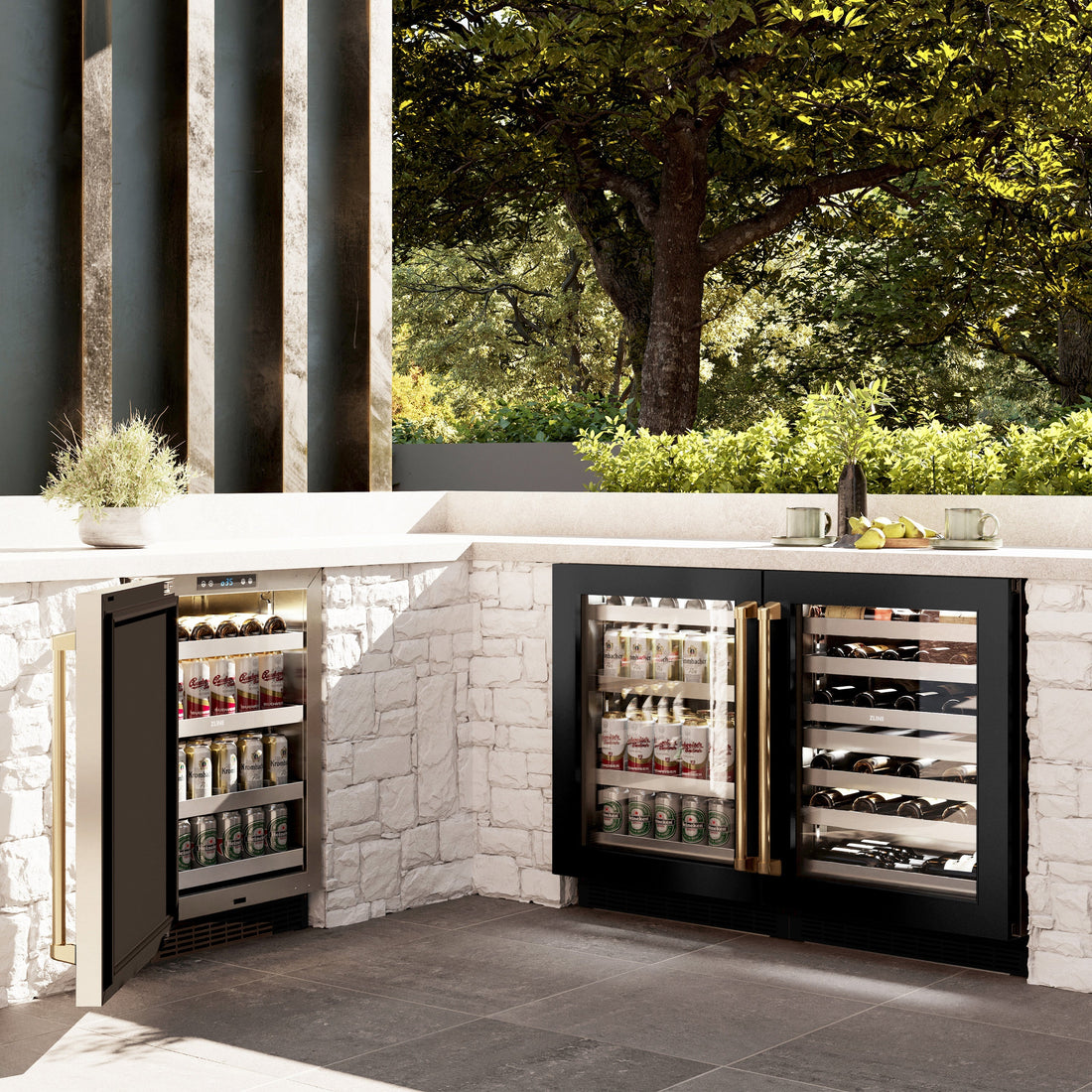 ZLINE Autograph 24" Touchstone 151 Can Beverage Fridge with Black Stainless Steel Glass Door and Polished Gold Handle, RBSOZ-BS-24-G