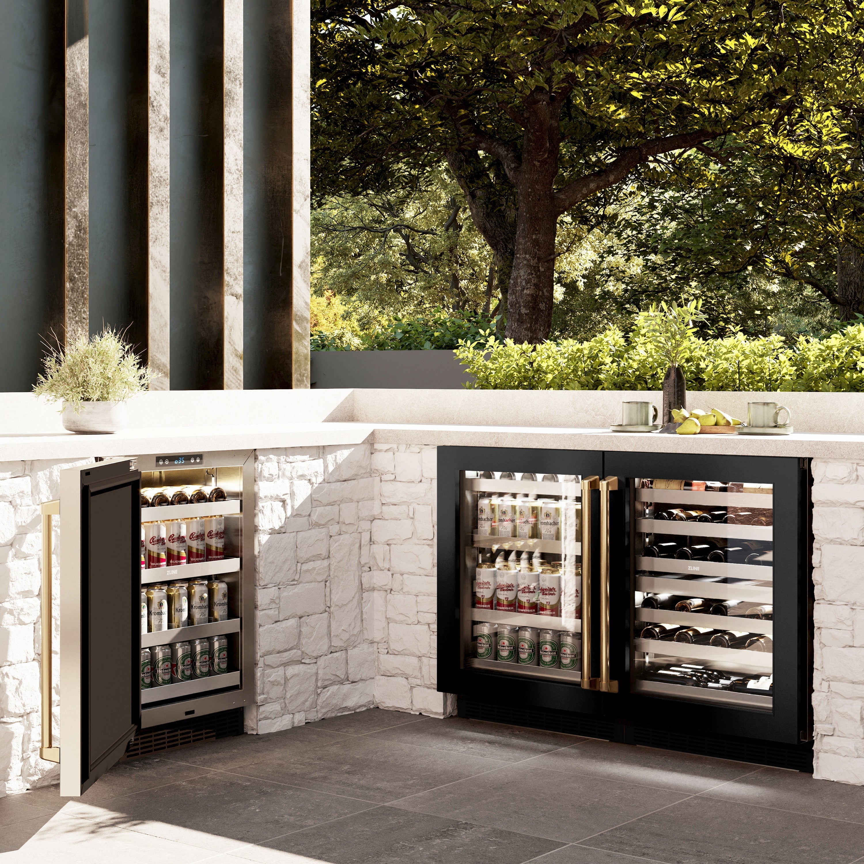 ZLINE Autograph 24" Touchstone 151 Can Beverage Fridge with Black Stainless Steel Glass Door and Polished Gold Handle, RBSOZ-BS-24-G