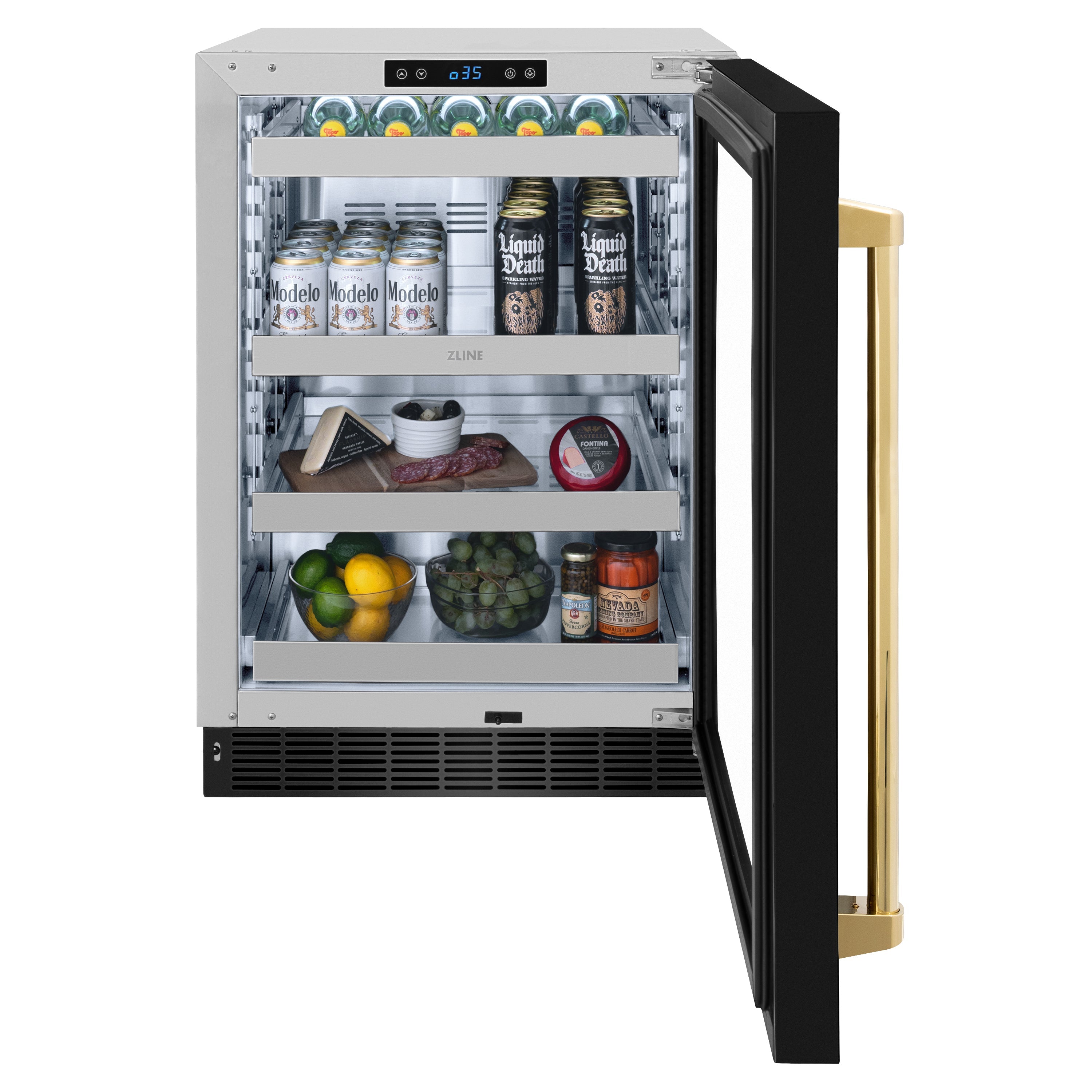 ZLINE Autograph 24" Touchstone 151 Can Beverage Fridge with Black Stainless Steel Glass Door and Polished Gold Handle, RBSOZ-BS-24-G