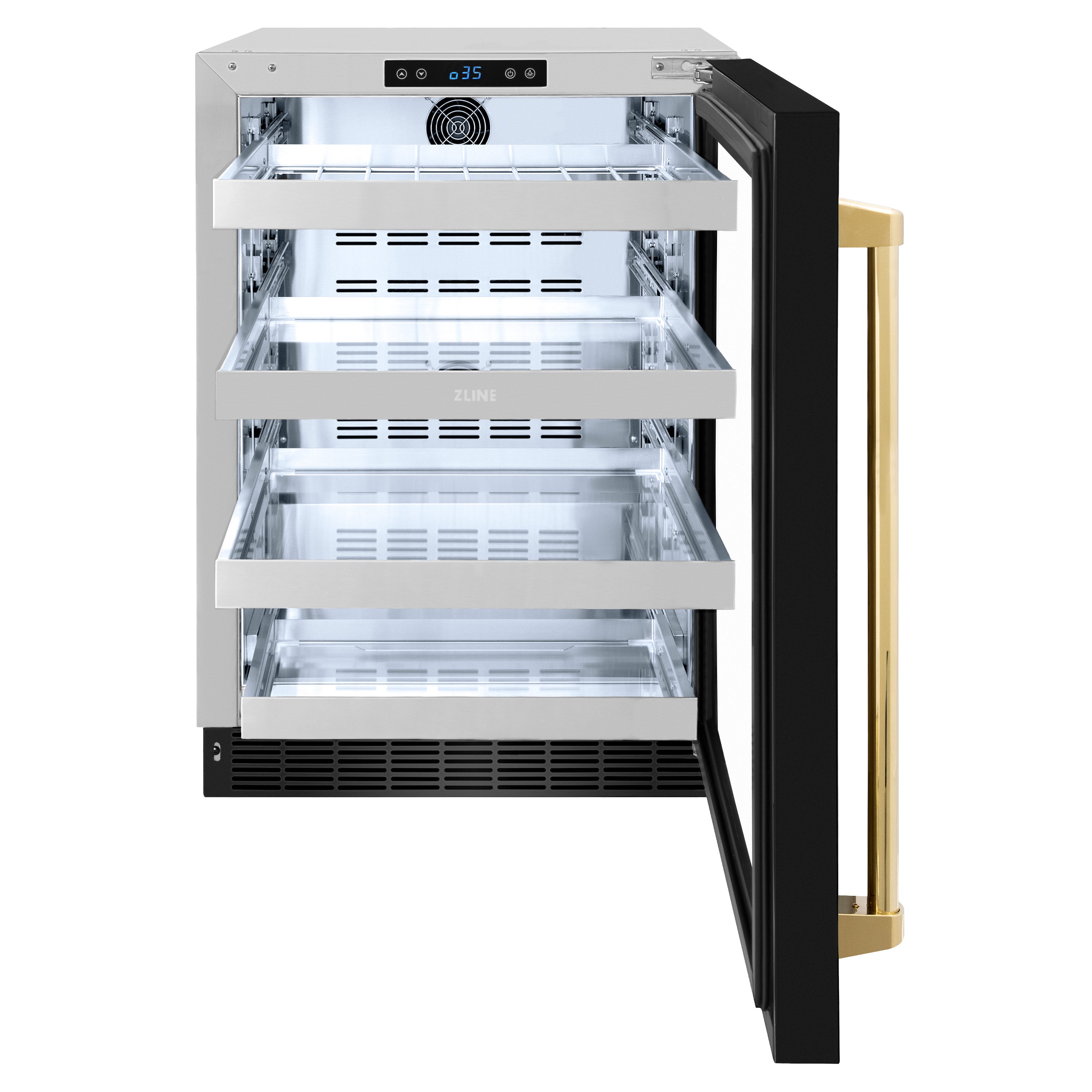ZLINE Autograph 24" Touchstone 151 Can Beverage Fridge with Black Stainless Steel Glass Door and Polished Gold Handle, RBSOZ-BS-24-G