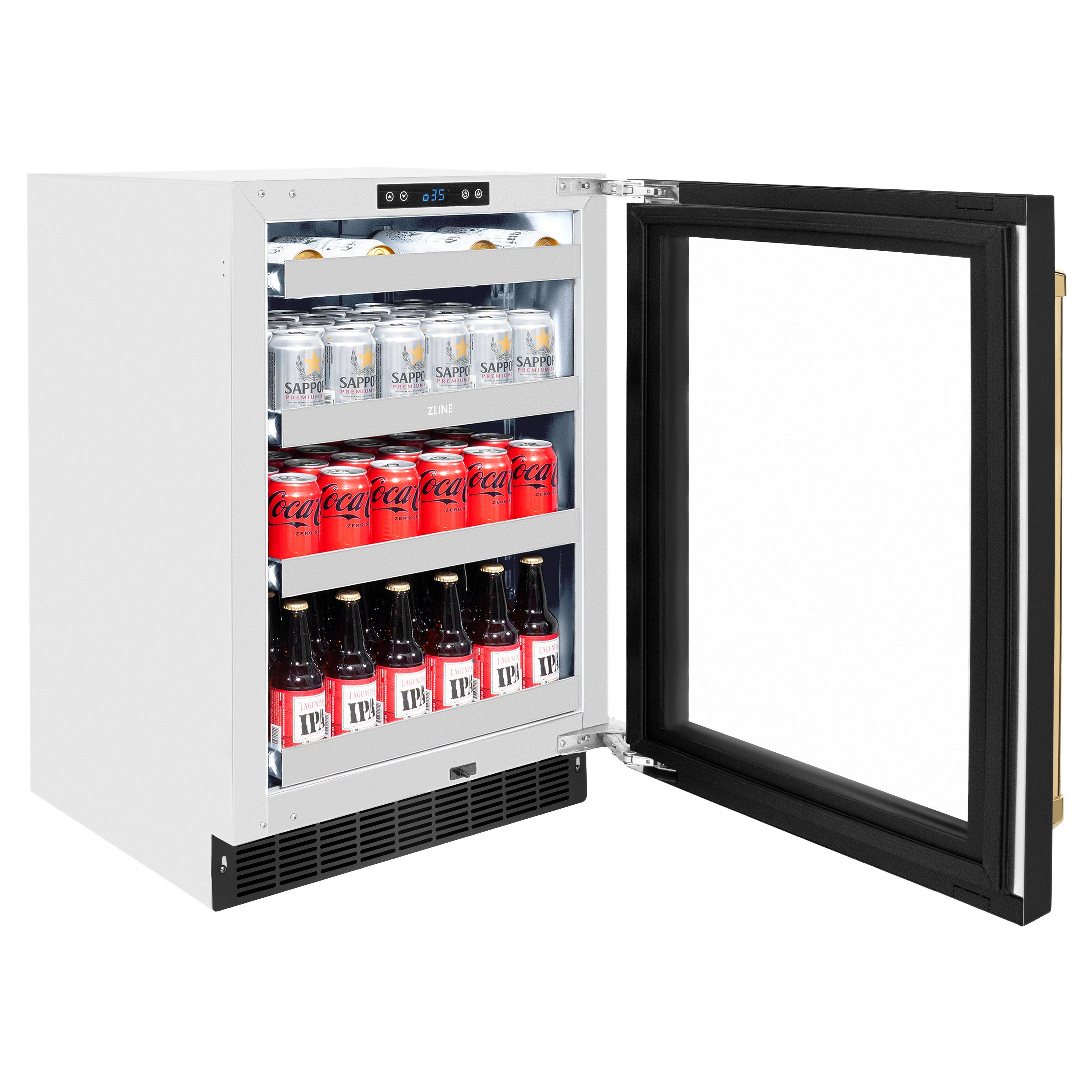 ZLINE Autograph 24" Touchstone 151 Can Beverage Fridge with Black Stainless Steel Glass Door and Polished Gold Handle, RBSOZ-BS-24-G