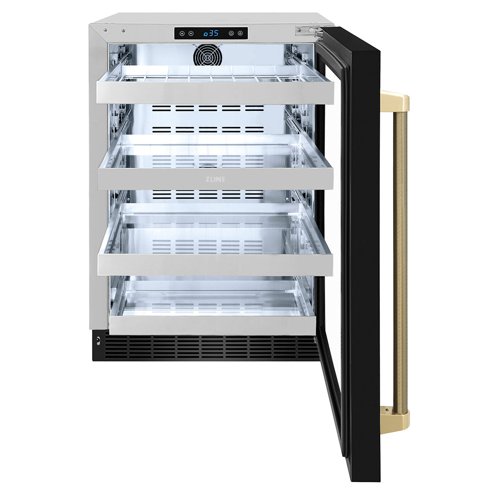 ZLINE Autograph 24" Touchstone 151 Can Beverage Fridge with Black Stainless Steel Glass Door and Champagne Bronze Helix Handle, RBSOZ-BS-24-KCB