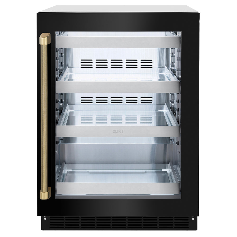 ZLINE Autograph 24" Touchstone 151 Can Beverage Fridge with Black Stainless Steel Glass Door and Champagne Bronze Helix Handle, RBSOZ-BS-24-KCB