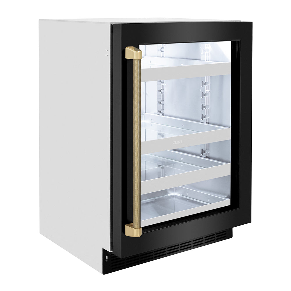 ZLINE Autograph 24" Touchstone 151 Can Beverage Fridge with Black Stainless Steel Glass Door and Champagne Bronze Helix Handle, RBSOZ-BS-24-KCB