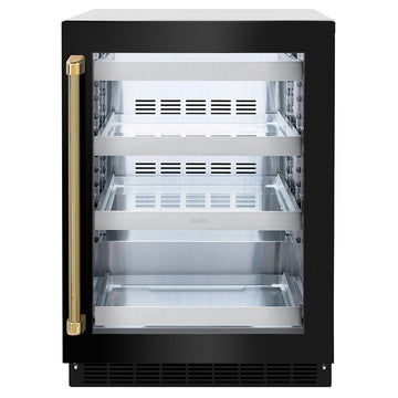 ZLINE Autograph 24" Touchstone 151 Can Beverage Fridge with Black Stainless Steel Glass Door and Polished Gold Helix Handle, RBSOZ-BS-24-KG