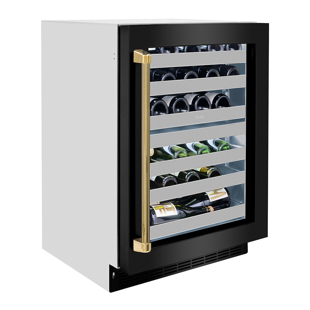 ZLINE Autograph 24" Touchstone Dual Zone 44 Bottle Wine Cooler with Black Stainless Steel Glass Door and Polished Gold Helix Handle, RWDOZ-BS-24-KG