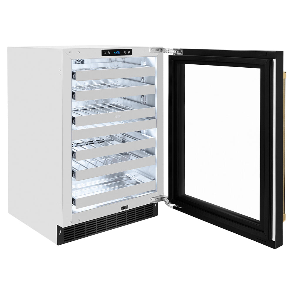 ZLINE Autograph 24" Touchstone Dual Zone 44 Bottle Wine Cooler with Black Stainless Steel Glass Door and Polished Gold Helix Handle, RWDOZ-BS-24-KG
