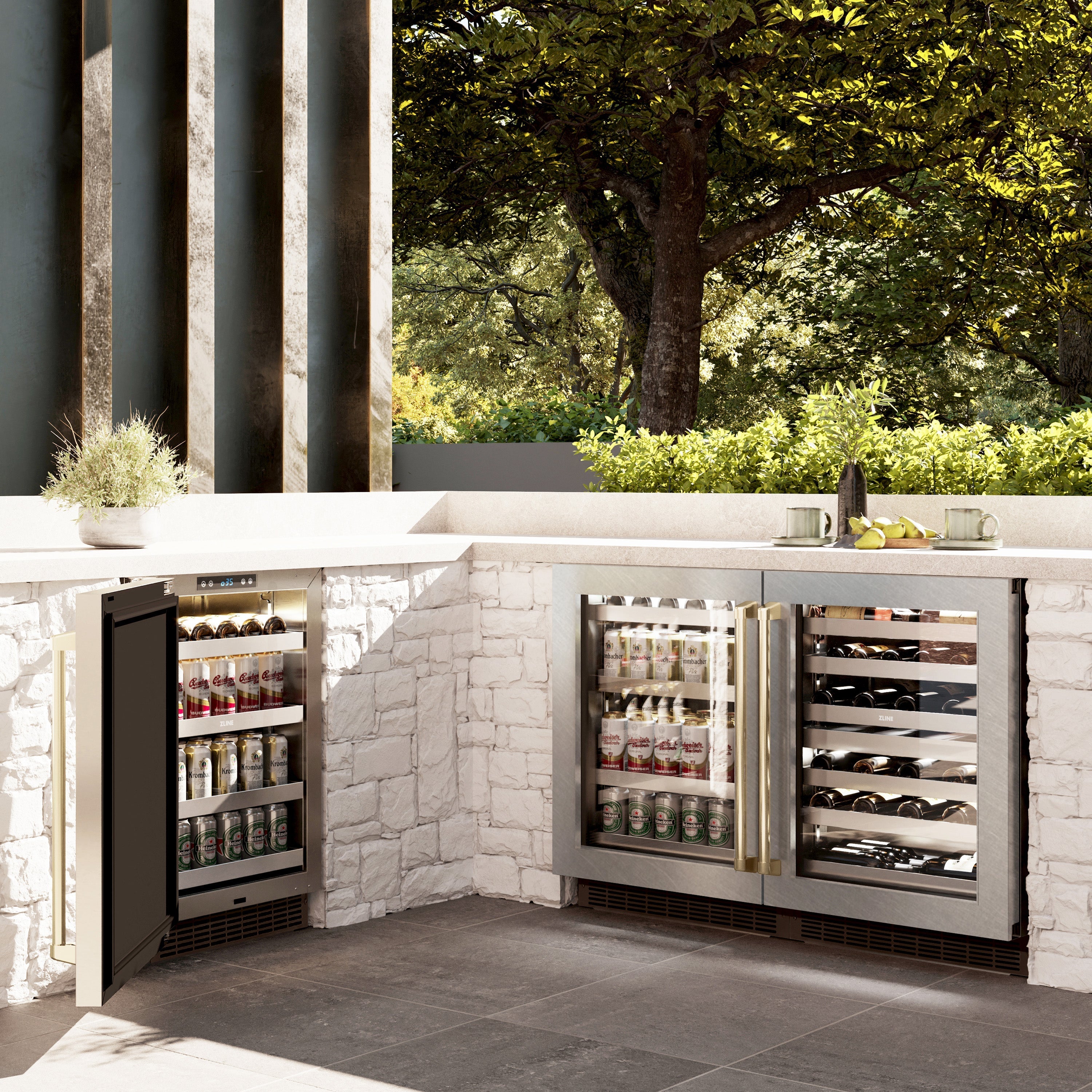 ZLINE Autograph 24" Touchstone 151 Can Beverage Fridge With Satin Stainless Steel Glass Door And Champagne Bronze Handle, RBSOZ-SN-24-CB