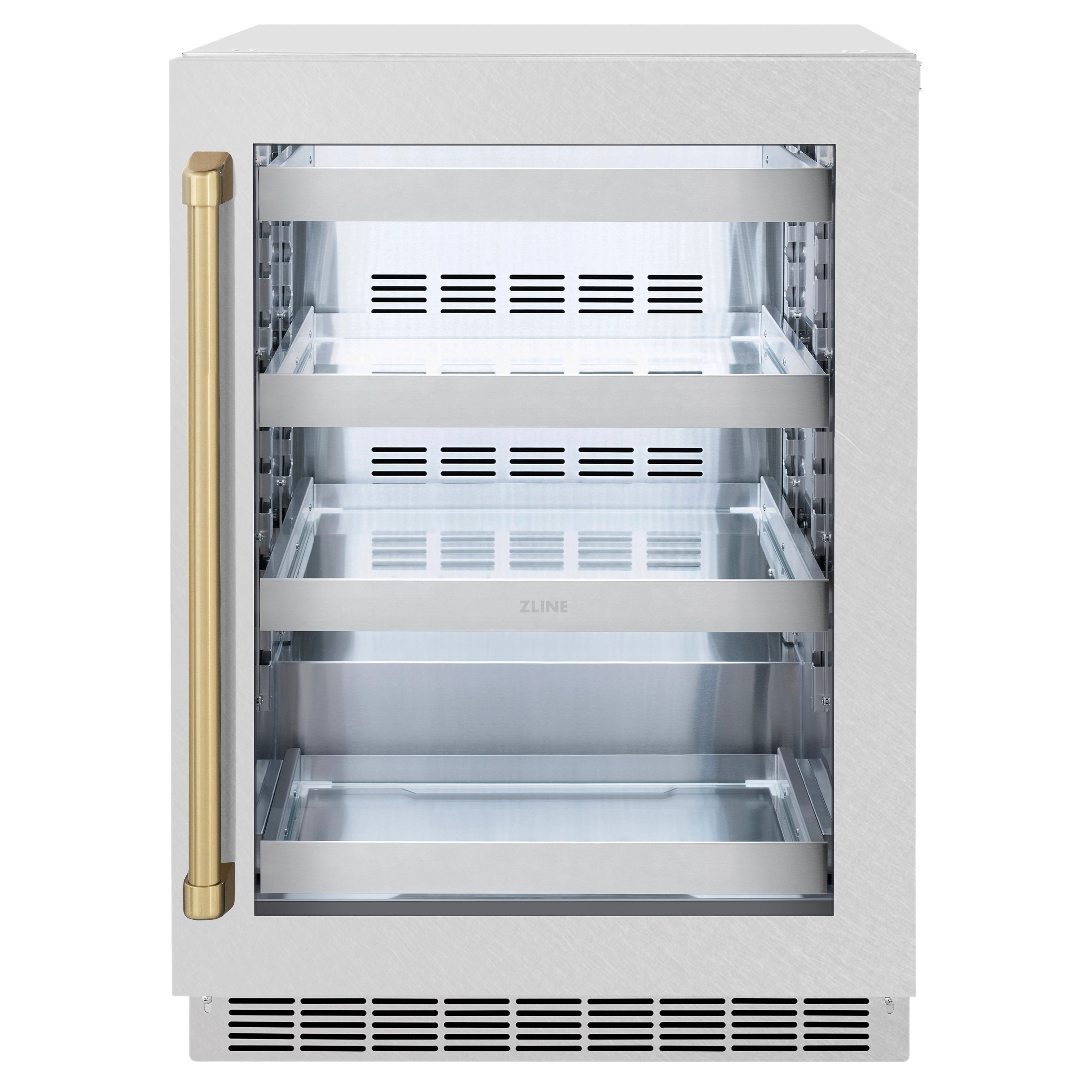 ZLINE Autograph 24" Touchstone 151 Can Beverage Fridge With Satin Stainless Steel Glass Door And Champagne Bronze Handle, RBSOZ-SN-24-CB