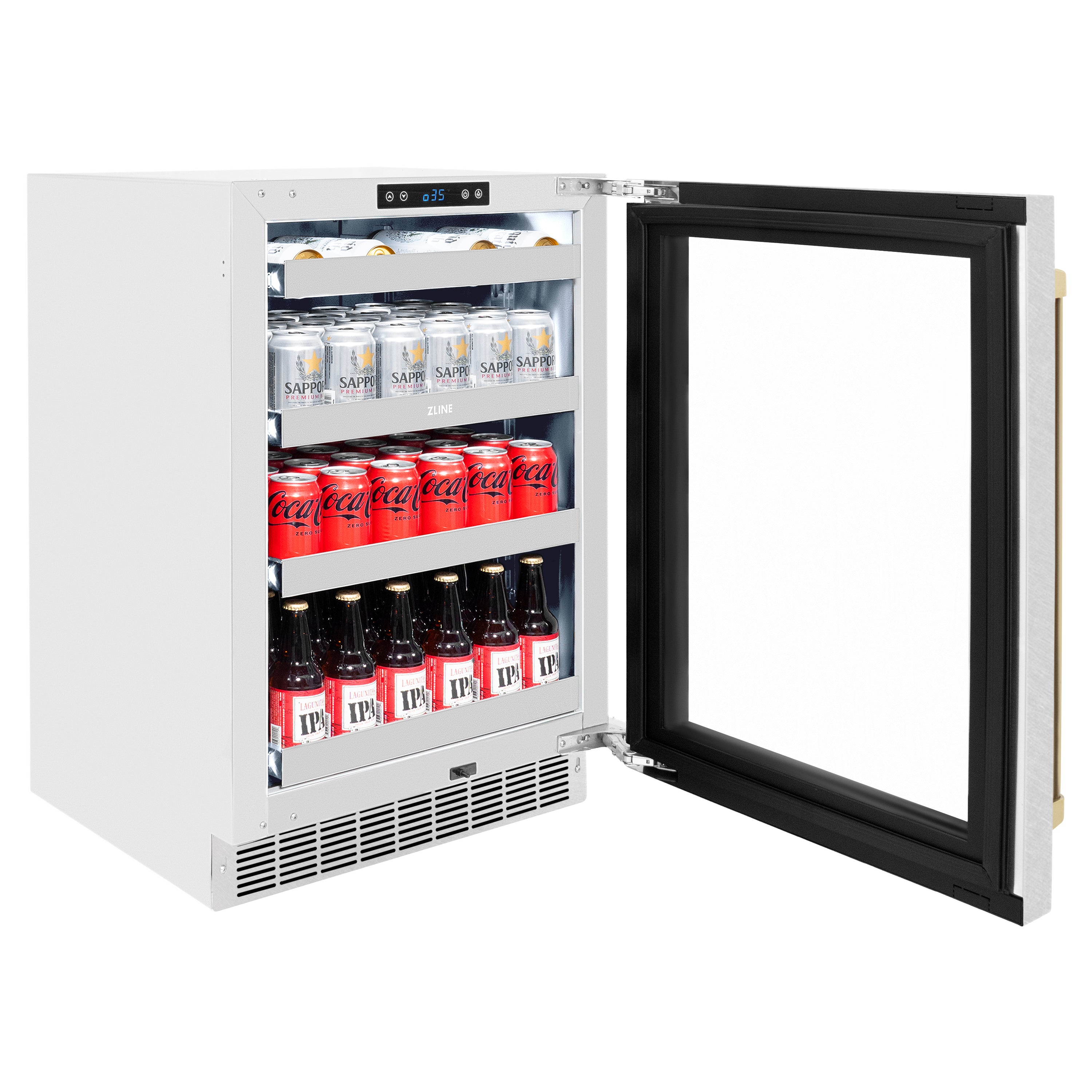 ZLINE Autograph 24" Touchstone 151 Can Beverage Fridge With Satin Stainless Steel Glass Door And Champagne Bronze Handle, RBSOZ-SN-24-CB