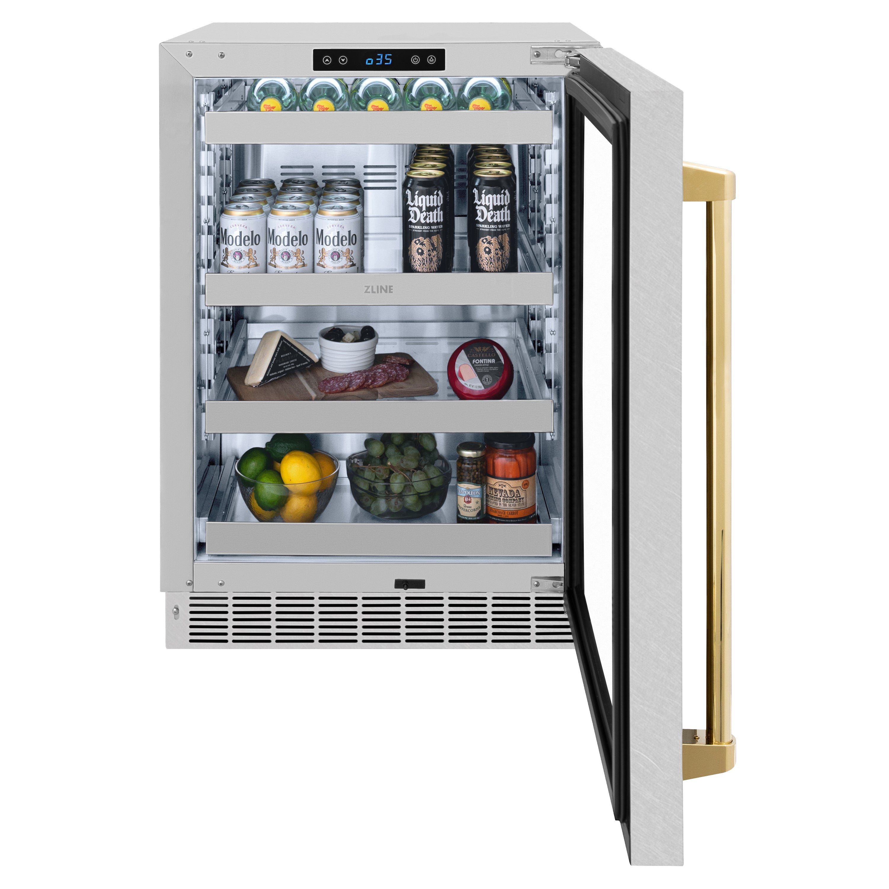 ZLINE Autograph 24" Touchstone 151 Can Beverage Fridge With Satin Stainless Steel Glass Door And Polished Gold Handle, RBSOZ-SN-24-G