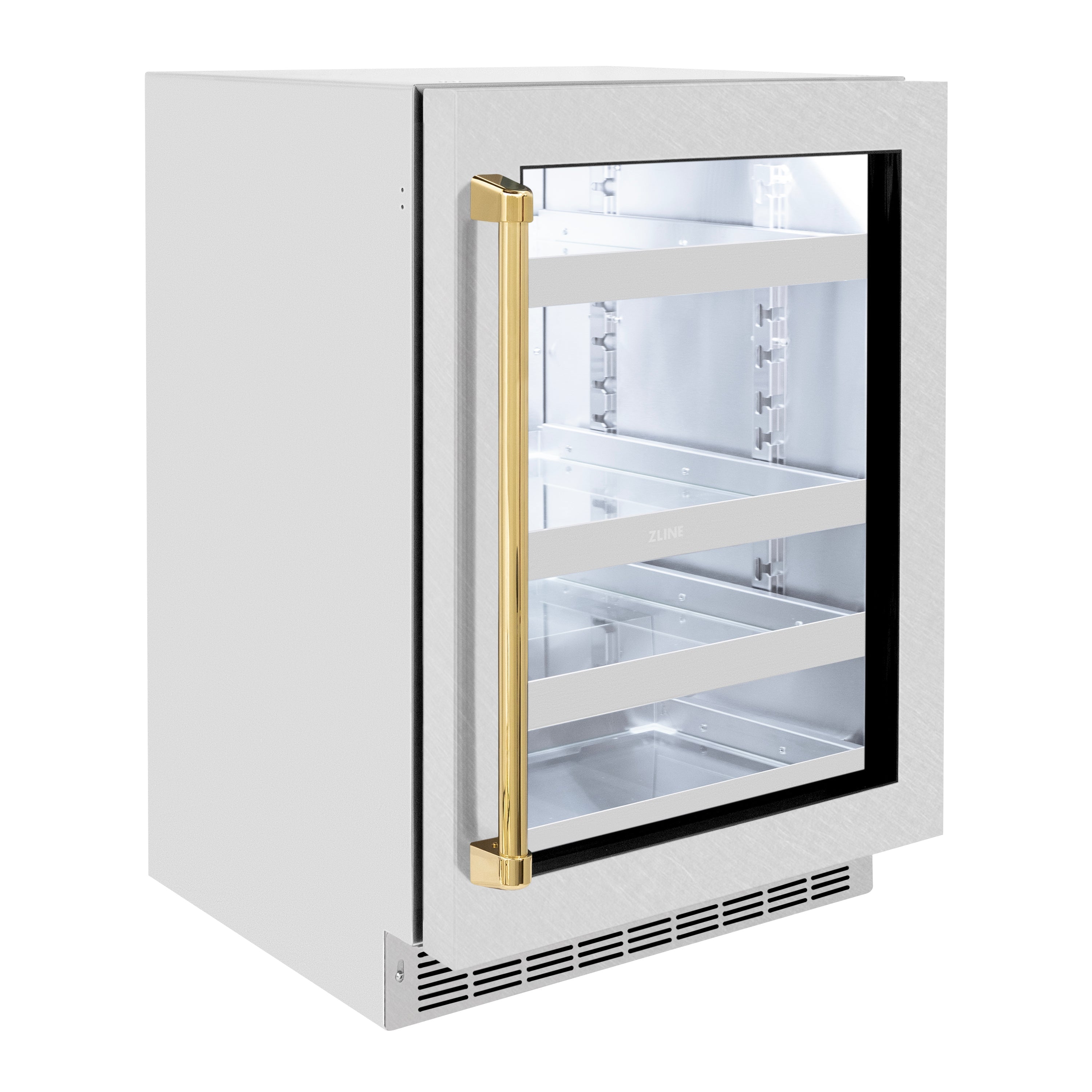 ZLINE Autograph 24" Touchstone 151 Can Beverage Fridge With Satin Stainless Steel Glass Door And Polished Gold Handle, RBSOZ-SN-24-G