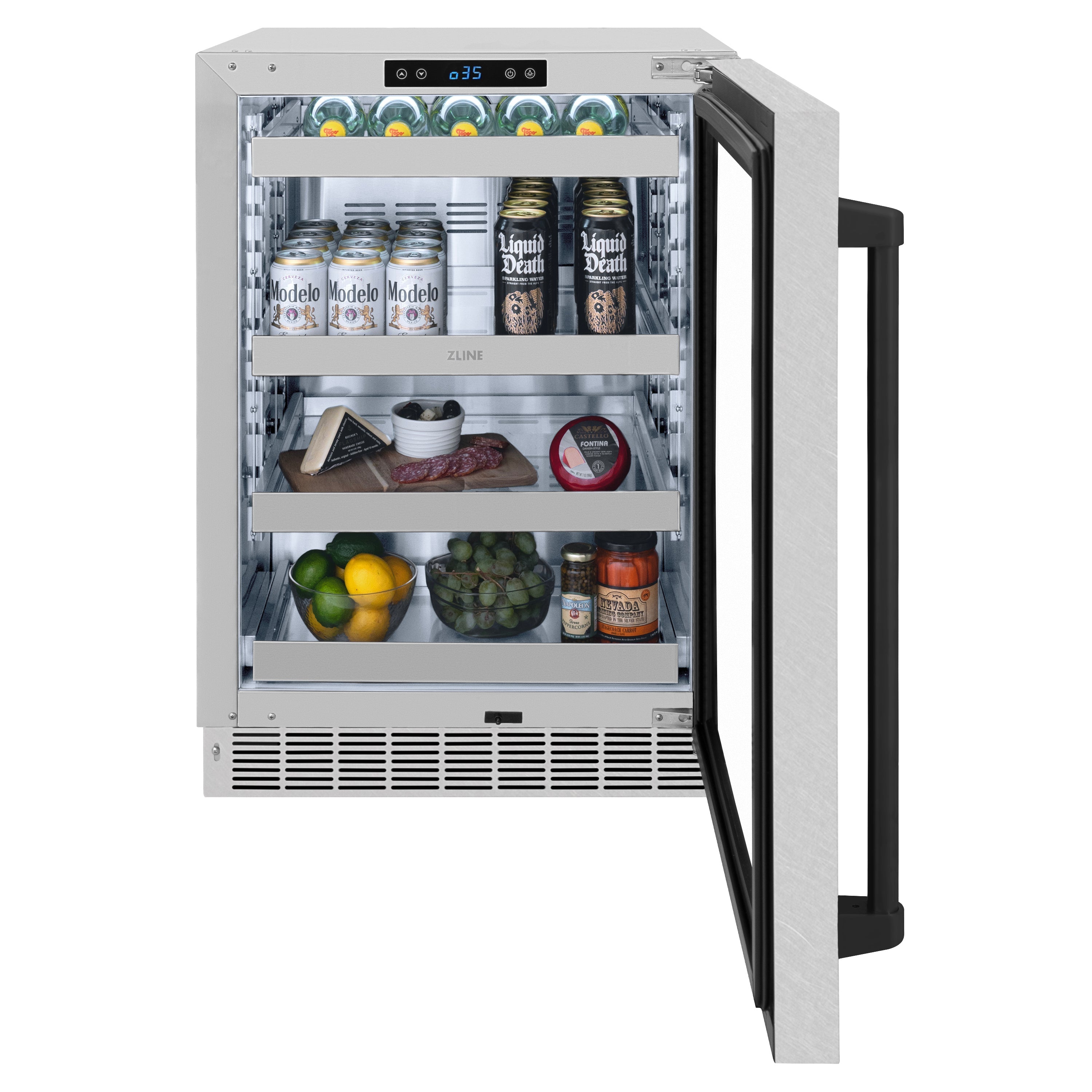 ZLINE Autograph 24" Touchstone 151 Can Beverage Fridge With Satin Stainless Steel Glass Door And Matte Black Handle, RBSOZ-SN-24-MB