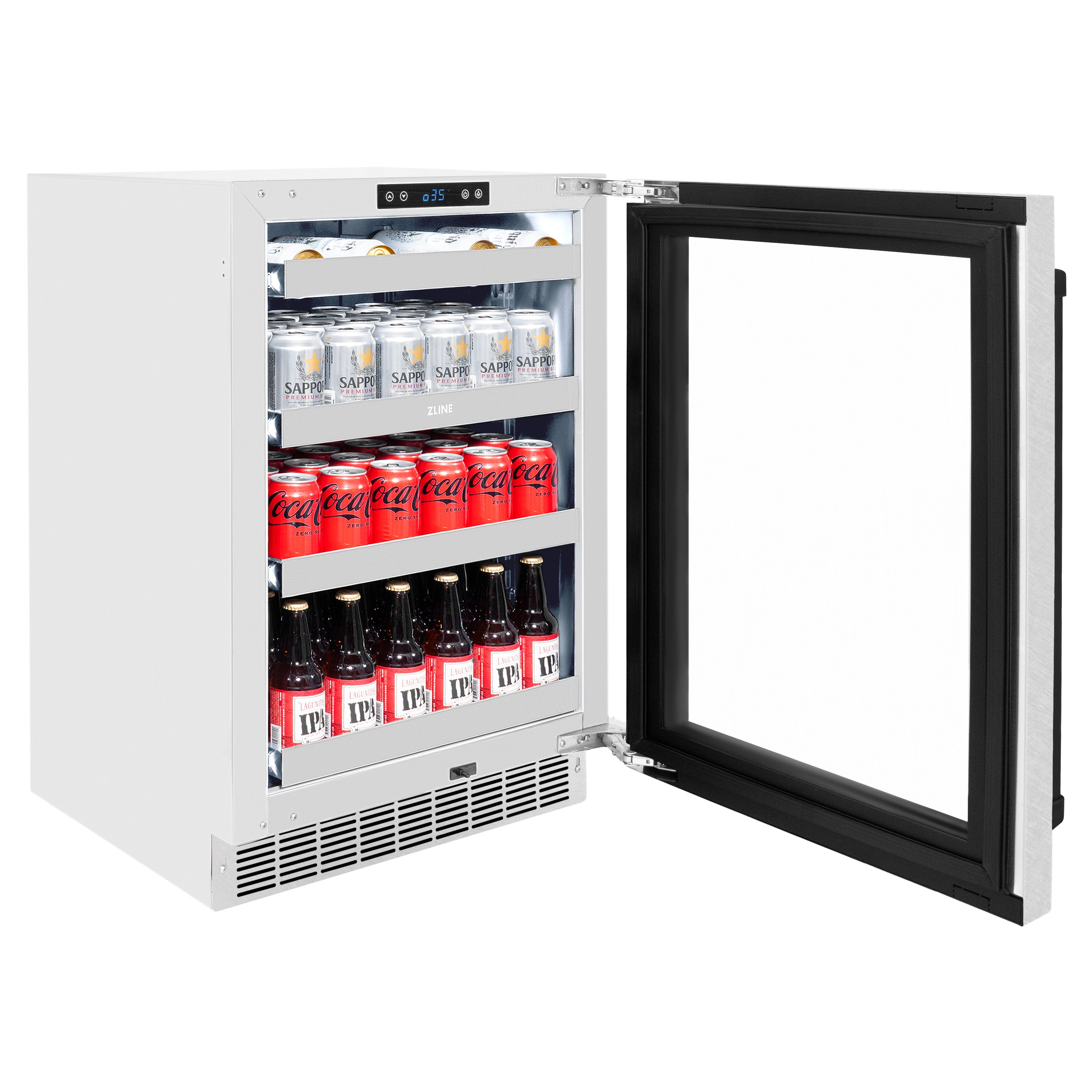 ZLINE Autograph 24" Touchstone 151 Can Beverage Fridge With Satin Stainless Steel Glass Door And Matte Black Handle, RBSOZ-SN-24-MB