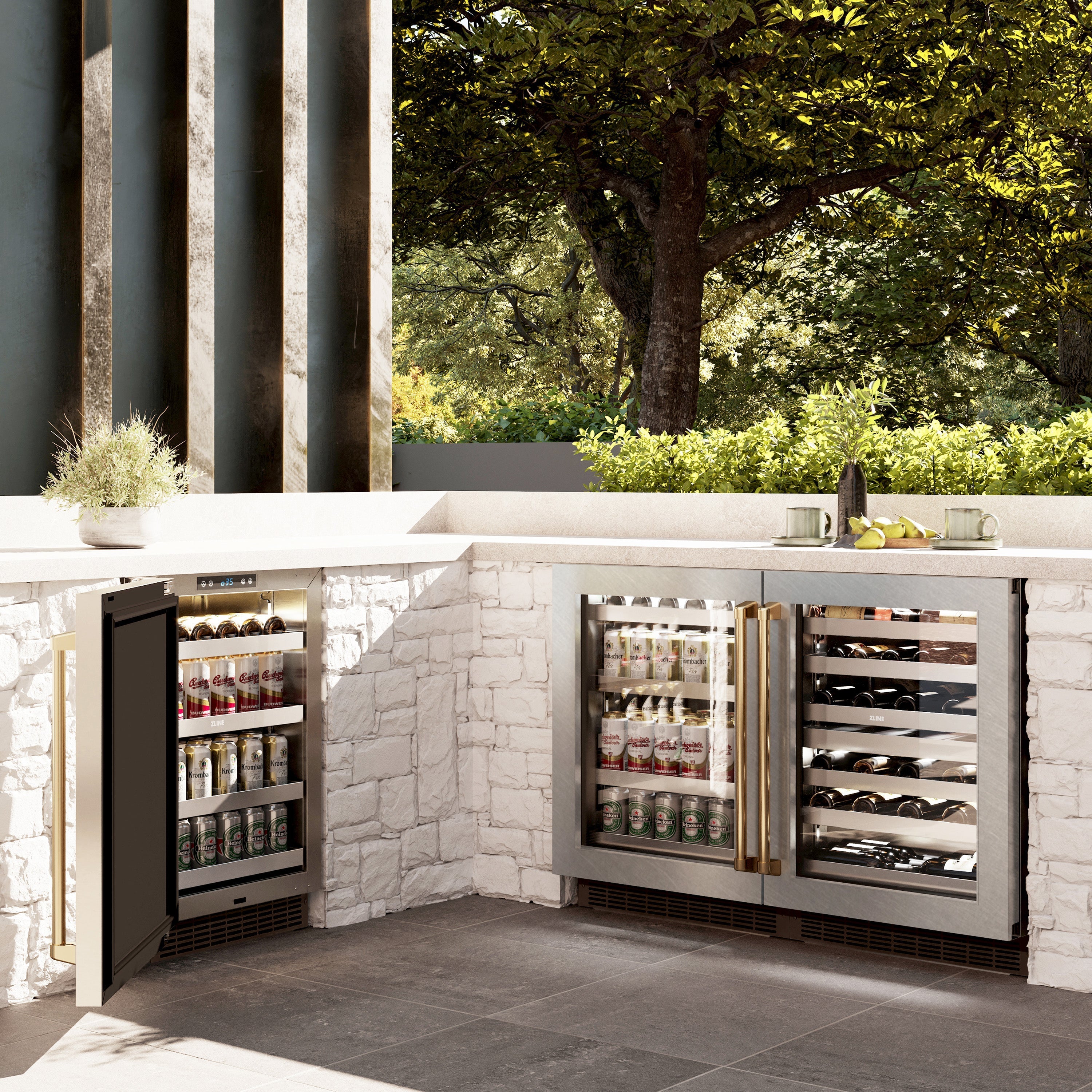ZLINE Autograph 24" Touchstone Dual Zone 44 Bottle Wine Cooler with Satin Stainless Steel Glass Door and Polished Gold Handle, RWDOZ-SN-24-G