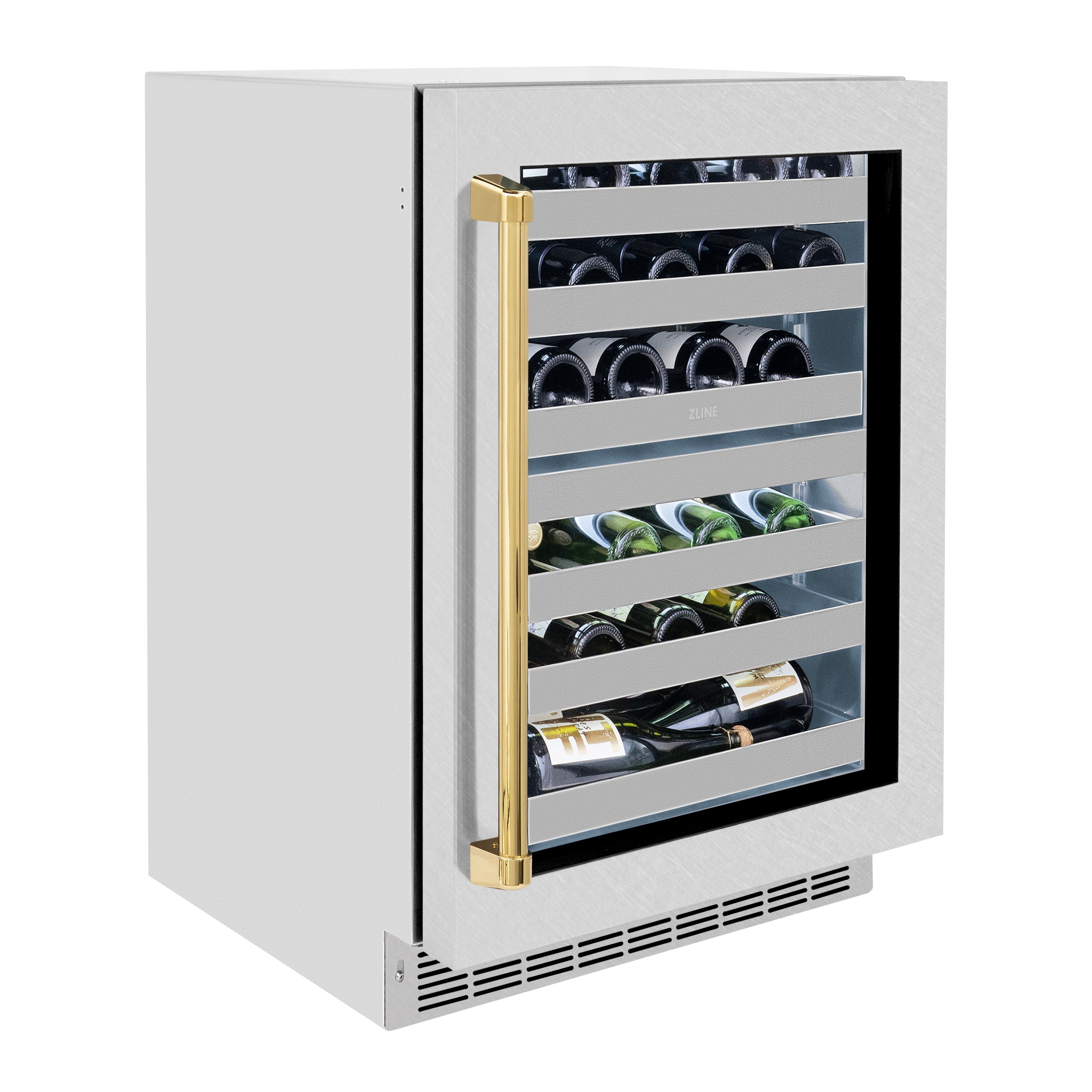 ZLINE Autograph 24" Touchstone Dual Zone 44 Bottle Wine Cooler with Satin Stainless Steel Glass Door and Polished Gold Handle, RWDOZ-SN-24-G