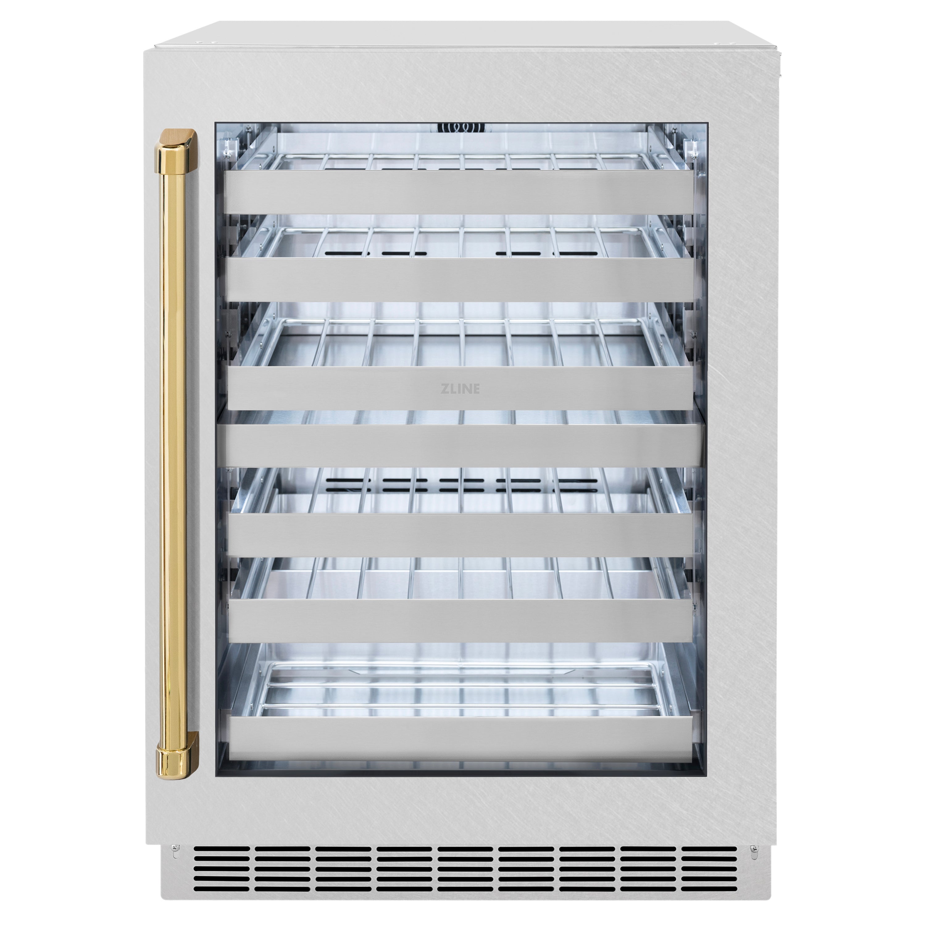 ZLINE Autograph 24" Touchstone Dual Zone 44 Bottle Wine Cooler with Satin Stainless Steel Glass Door and Polished Gold Handle, RWDOZ-SN-24-G